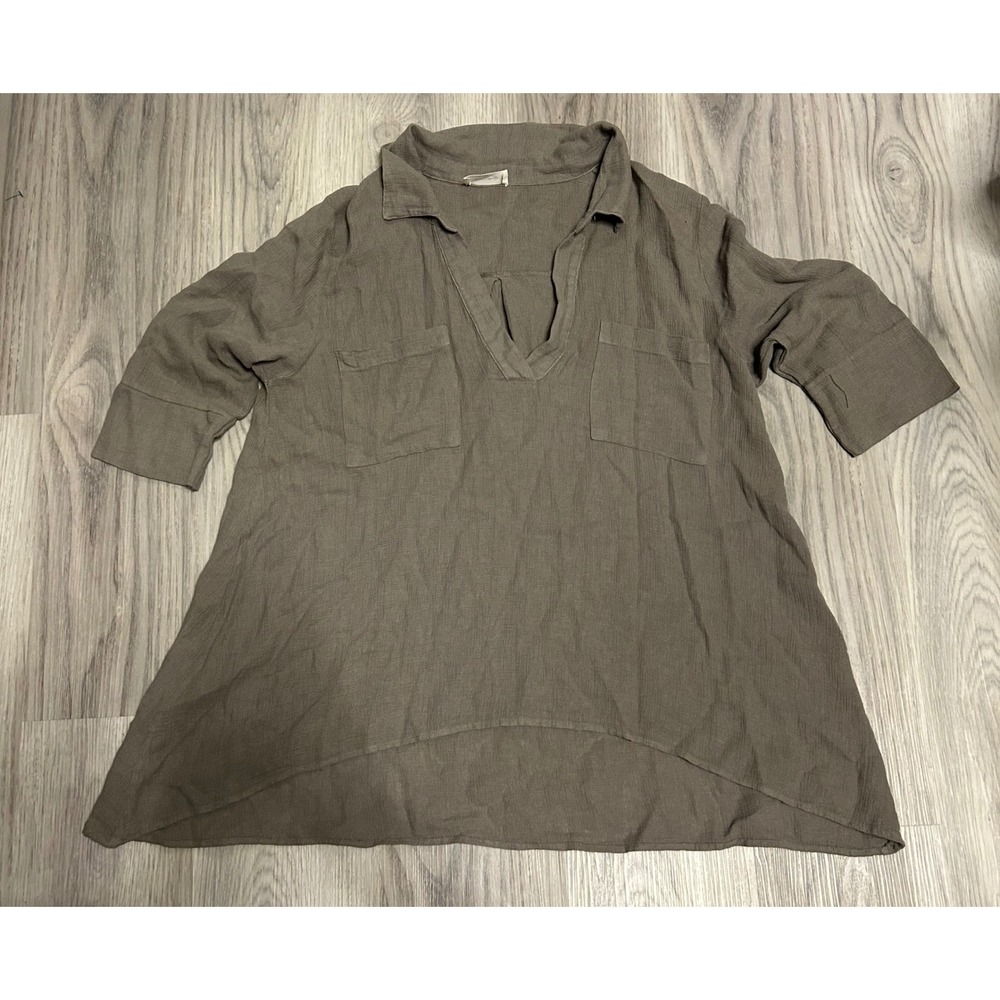 Believe Womens V-Neck Gauze Tunic Top Cotton Blend Medium Taupe Brown High Low